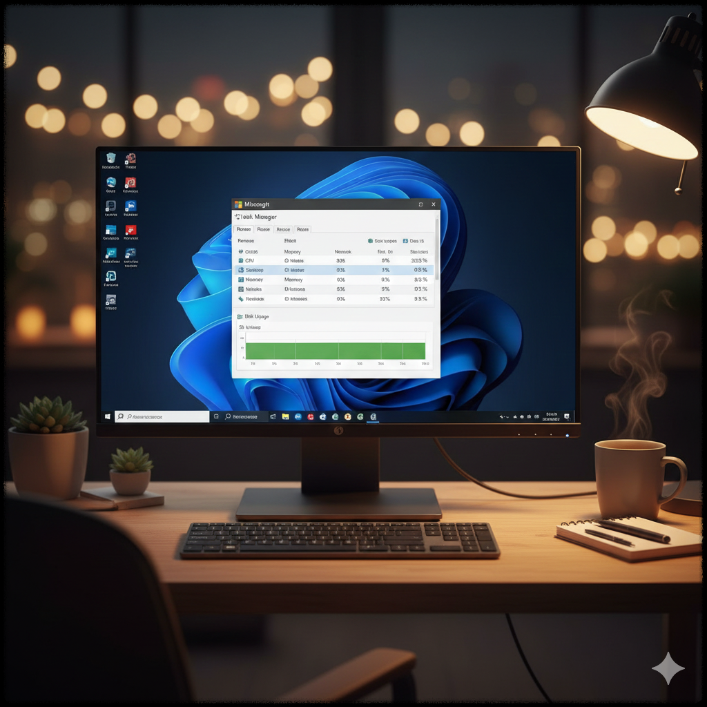 윈도우 11에서 디스크 사용률이 정상으로 돌아온 작업 관리자 화면