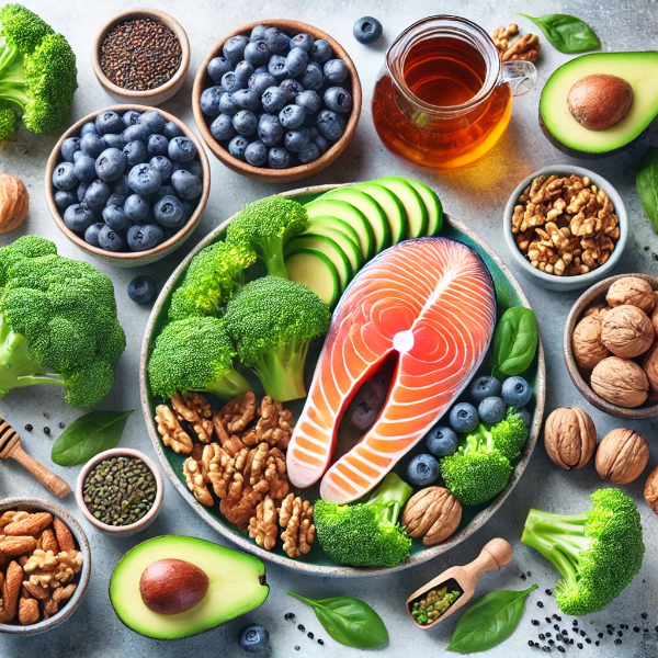 고해상도 뇌 건강 식단 이미지 - 나무 테이블 위의 연어, 아보카도, 호두 등 자연 식재료 클로즈업