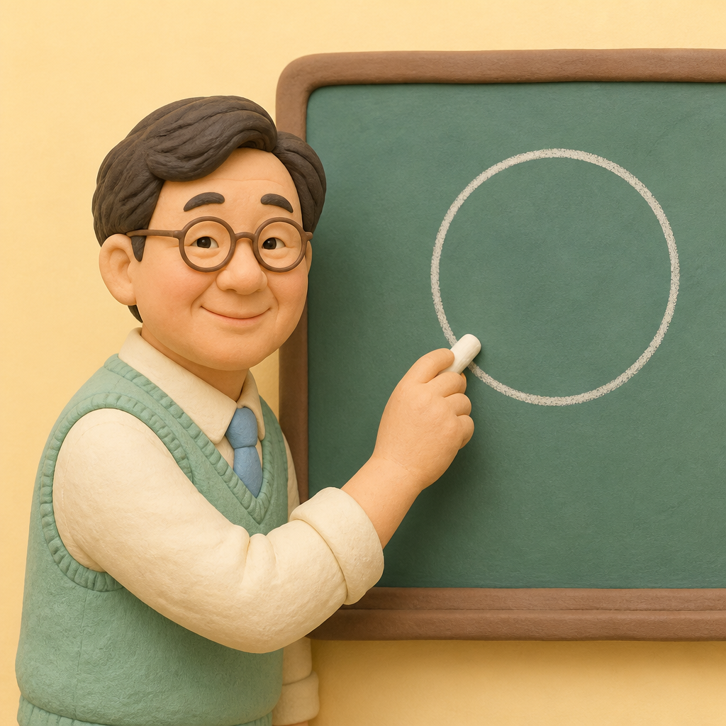 칠판 앞에서 분필로 동그라미를 그리며 설명하는 50대 남성 선생님