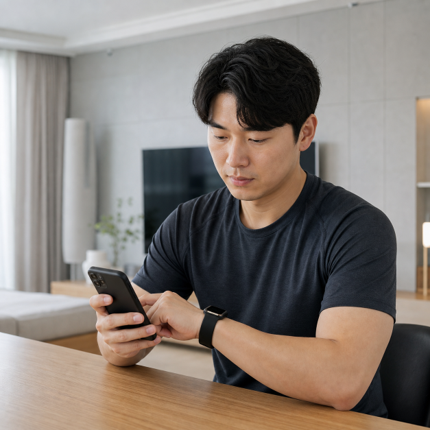애플워치 상황을 확인하는 한국인 실사 이미지 1