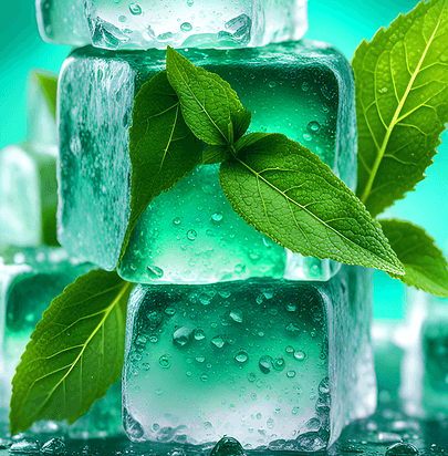 2개의 사각형 얼음이 쌓여있다. 얼음 속에는 초록색 바질잎들이 꽂혔다.