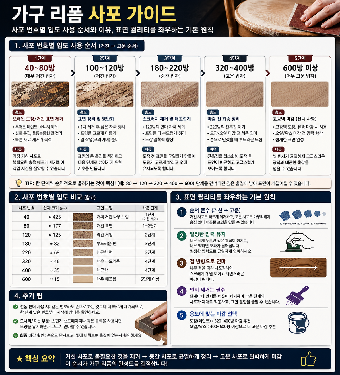 가구 리폼 사포 번호별 가이드 이미지