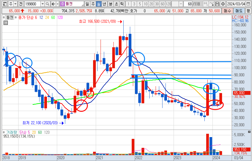 툴젠 주가 월봉 차트 분석(24.3.14)