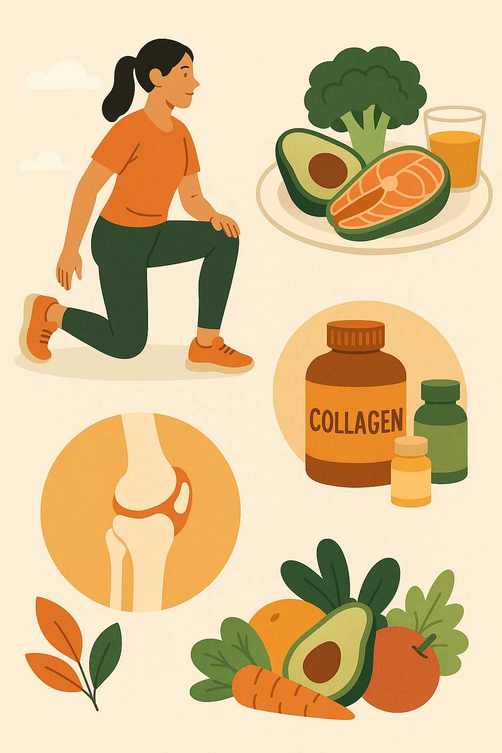 관절 건강을 위한 운동 습관, 항염증 식단, 필수 영양소 섭취를 표현한 모습