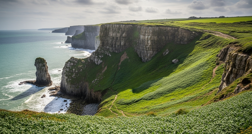 영국 해안가의 거친 절벽과 세이지가 자라는 모습