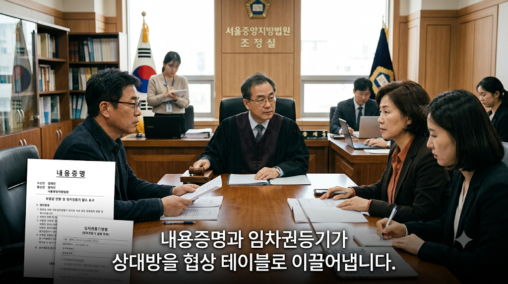 법원 조정 현장에서 중재자와 양쪽 당사자가 협상하는 모습