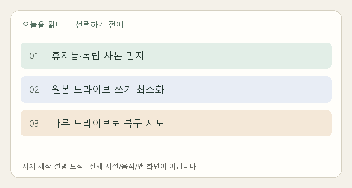휴지통&middot;사본 확인 후 원본 쓰기를 줄이고 다른 드라이브에 복구하는 순서