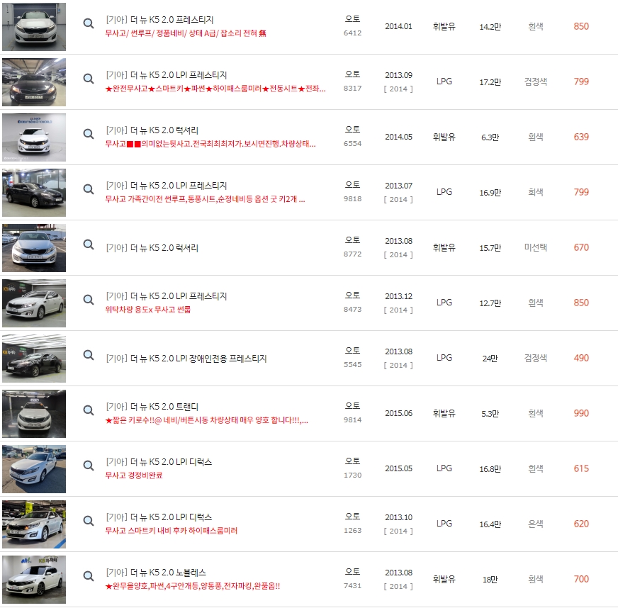 더 뉴 K5 중고차 시세 : 260만원~1,300만원