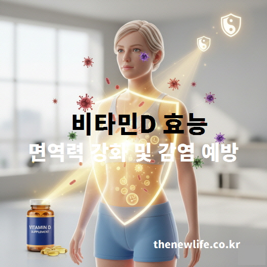비타민D 효능 – 면역력 강화와 감염 예방을 상징하는 여성과 방어막 이미지