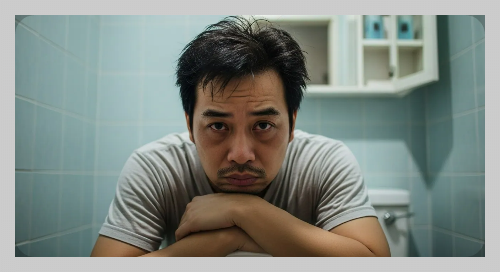 화장실에서 변비로 고생하고 있는 남성 모습