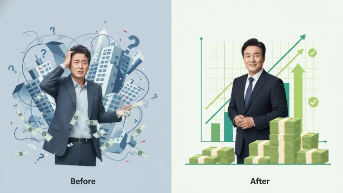 한국 자산 현금화와 상속세 재원 마련에 대한 비거주자의 고민과 해결책을 대비시키는 이미지