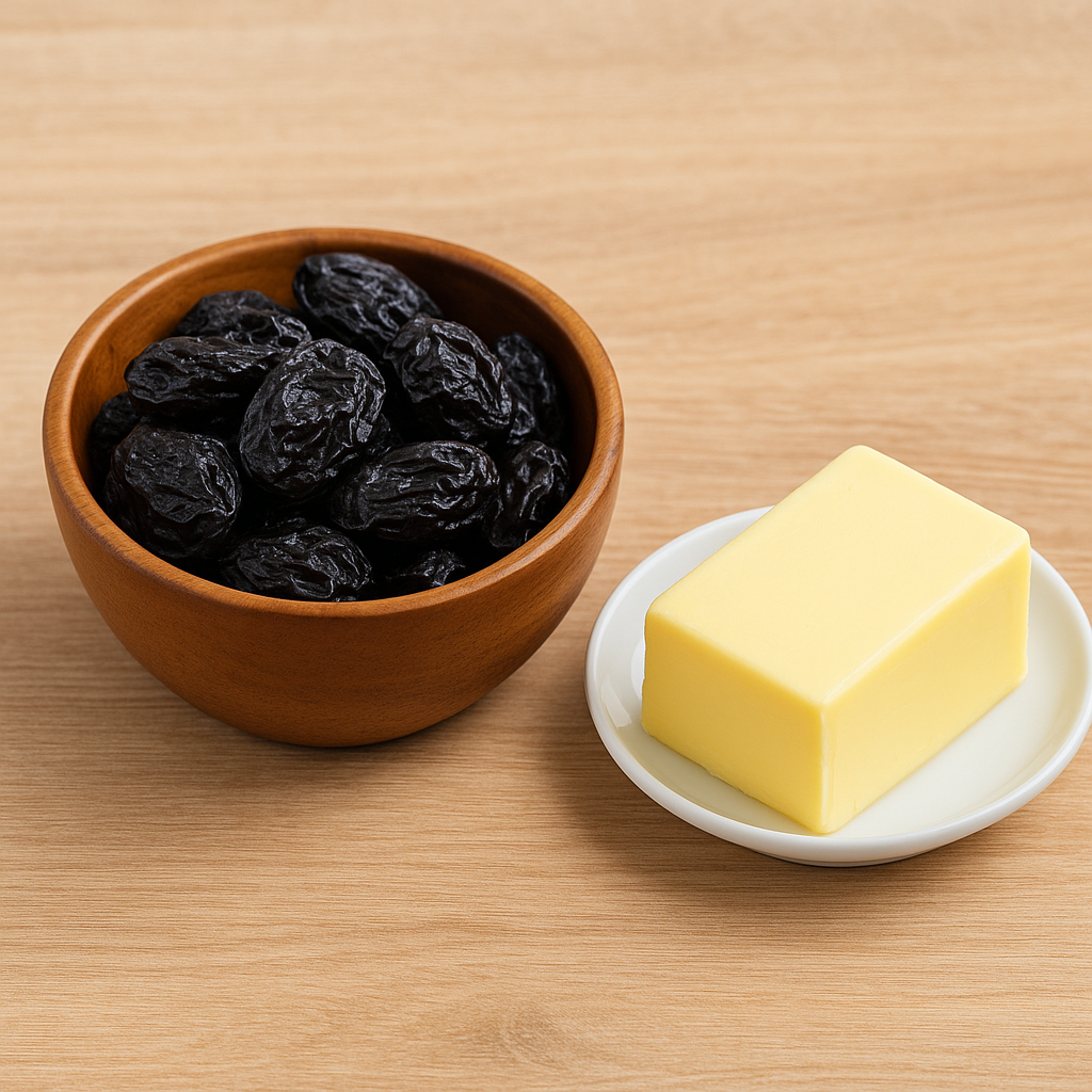 나무 그릇에 담긴 푸룬과 흰 접시에 놓인 버터 블록이 나란히 놓여 있는 모습