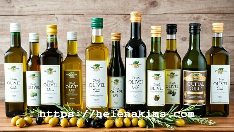 여러 종류의 올리브 오일이 나열 되어 있는 이미지.