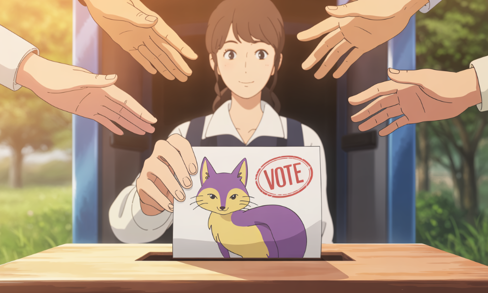 2025년 대선 맞이, MZ세대의 개성을 담은 투표 인증용지 인증샷. 빨간 도장이 찍힌 용지를 들고 있는 다양한 손들이 투표 참여의 즐거움을 표현합니다.