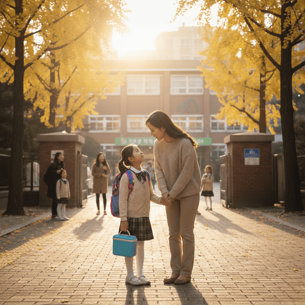 예비 초등학생 아이의 손을 잡고 학교 정문을 바라보며 등교 연습을 하는 엄마의 뒷모습 (희망찬 분위기)