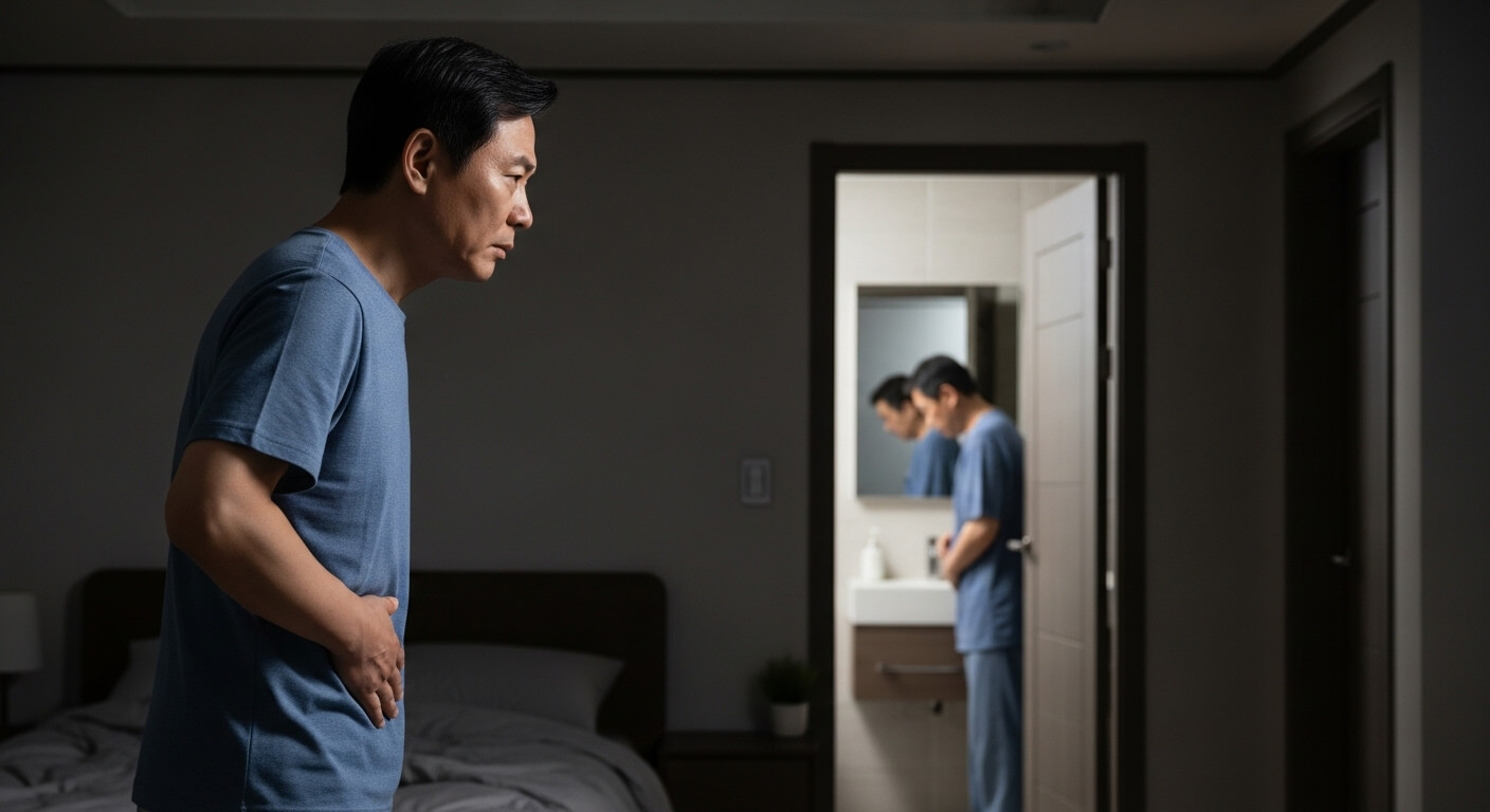 중장년 남성이 밤에 침실에서 아랫배를 짚고 불편한 표정으로 서 있으며, 뒤쪽에는 불이 켜진 화장실에서 같은 인물이 보이는 야간 배뇨 상황을 표현한 이미지