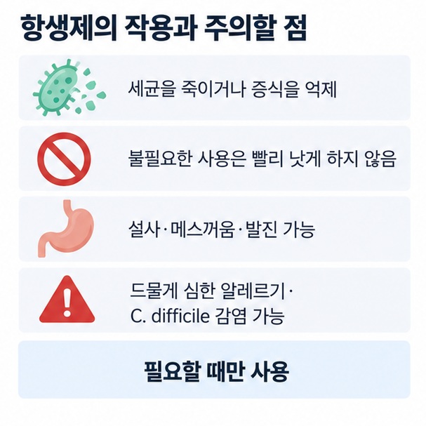 항생제가 세균을 죽이거나 증식을 억제하고 불필요한 사용은 설사 발진 알레르기와 내성 위험을 높일 수 있음을 설명한 이미지