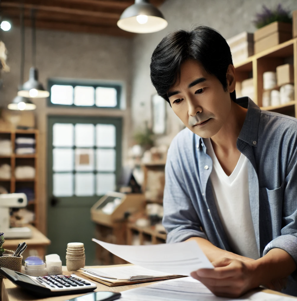 자영업자지원제도에 대한 서류를 검토하고 있는 모습