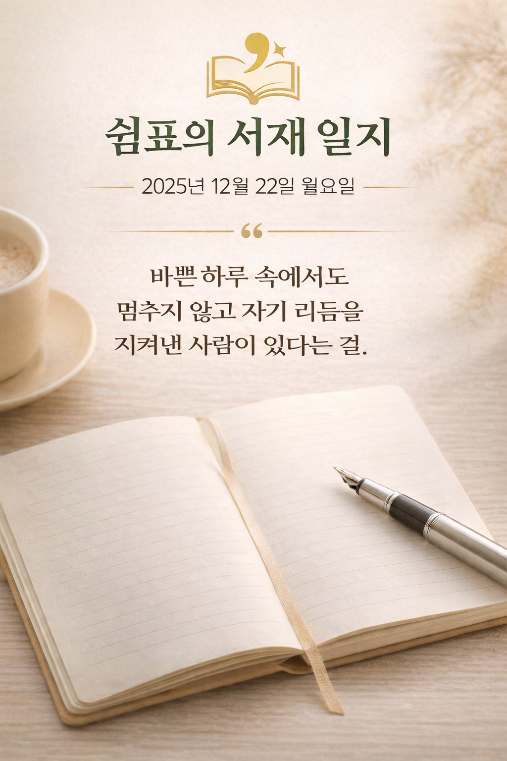 쉼표의 서재 일지 2025년 12월 22일, 바쁜 하루 속에서도 자기 리듬을 지켜내는 일상의 기록을 상징하는 노트와 펜 이미지