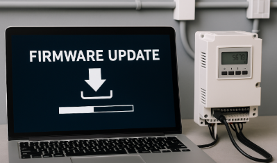 노트북 화면에 &lsquo;FIRMWARE UPDATE&rsquo; 문구와 진행바가 표시되고, 옆에는 제어장치가 케이블로 연결된 산업용 장비 업데이트 장면