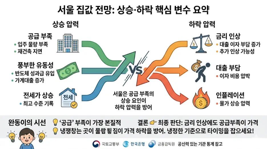 Alt 태그: 서울 집값 전망 상승 하락 핵심 변수 인포그래픽