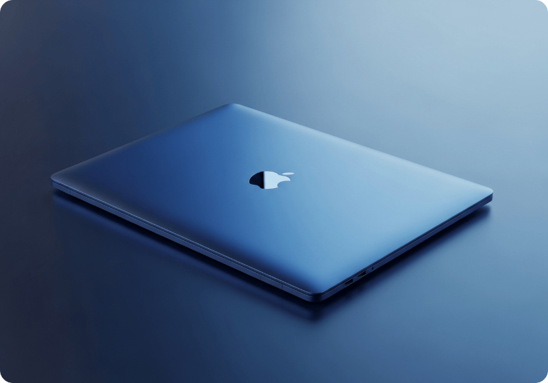 새로운 블루 색상의 M5 맥북 프로 3D 렌더링, 그라데이션 배경에 부드러운 반사가 있는 스튜디오 조명, 프리미엄 느낌의 전문적인 제품 사진 스타일