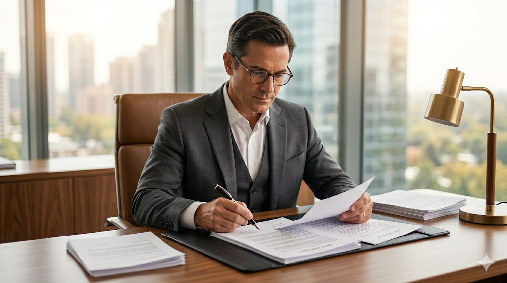 부동산 계약서와 등기부등본을 꼼꼼히 확인하는 장면