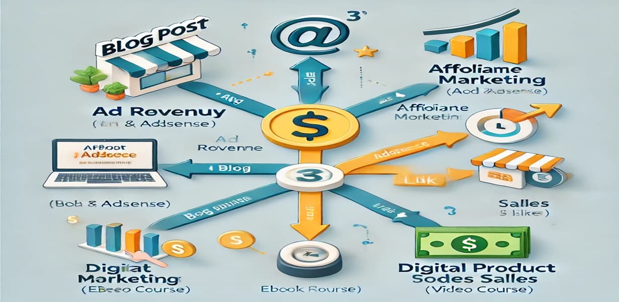 블로그 글 하나로 3가지 수익을 만드는 구조 인포그래픽 – 애드센스, 제휴마케팅, 전자책/강의 수익화 흐름