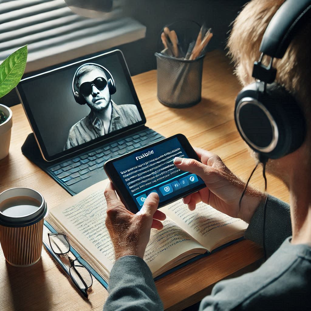 시각장애인이 헤드폰을 끼고 태블릿으로 영상을 시청하는 모습. 화면에는 영상과 함께 화면해설 자막이 표시되어 있는 이미지