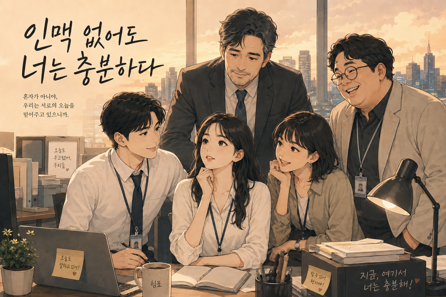 "미생 에세이 - 현미, 진영, 환희, 인경, 기동이 함께하는 서울 사무실 장면, 창 너머 도시 스카일라인이 보이는 따뜻한 톤의 직장 일러스트레이션"