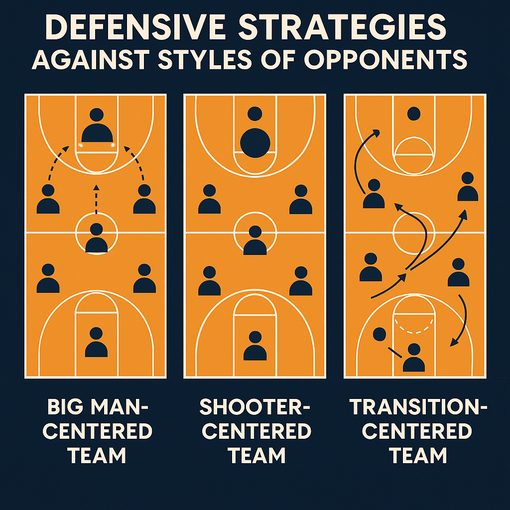 상대 팀 스타일별 수비 전략 이미지: 빅맨 중심, 슈터 중심, 트랜지션 중심 팀에 대한 수비 전술을 코트 다이어그램으로 설명한 인포그래픽