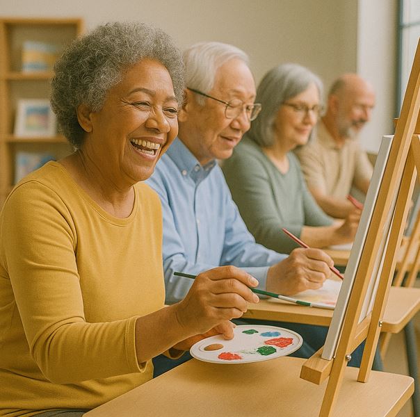 미술활동에 참여하고 있는 네 명의 노인들