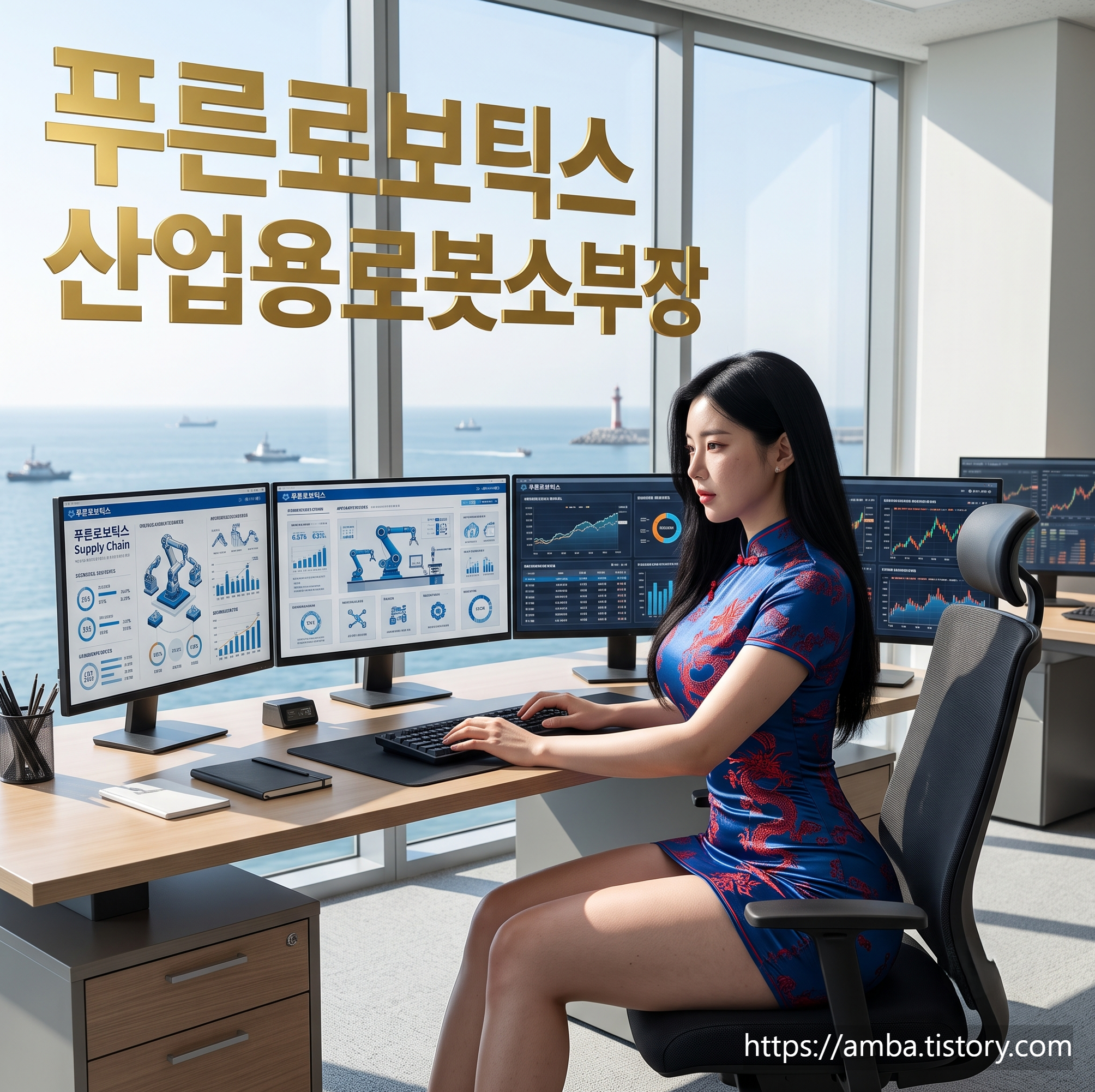 푸른로보틱스 산언용 로봇 소부장과 데이터를 분석하는 여성 전문가