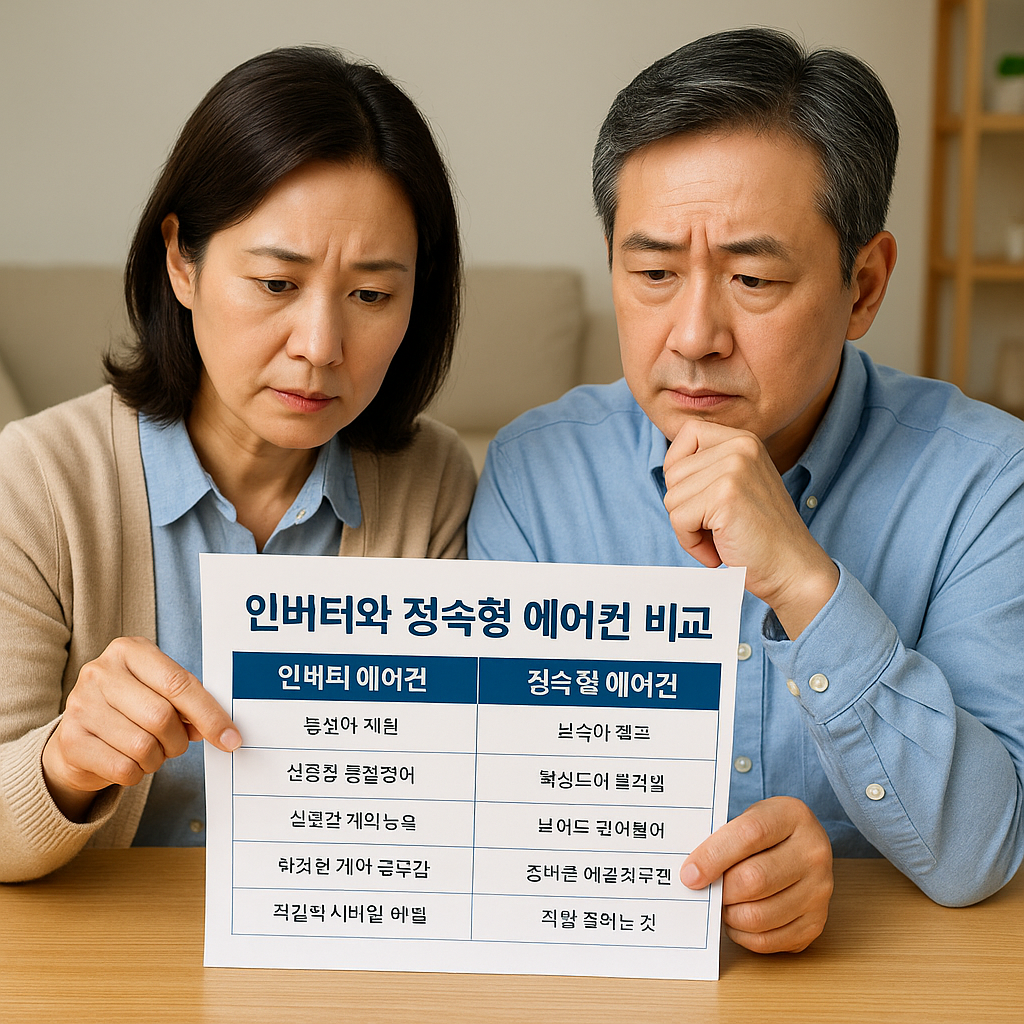 인버터와 정속형 에어컨을 비교하는 중년부부