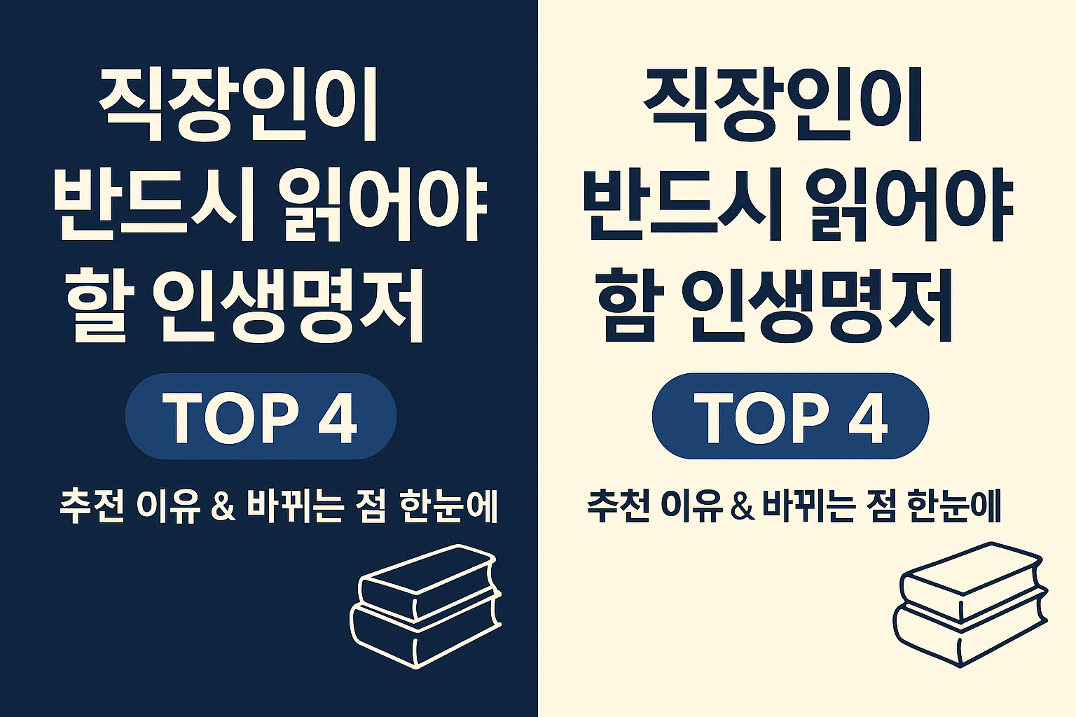 네이비&middot;아이보리 투톤 배경에 &lsquo;직장인이 반드시 읽어야 할 인생명저 TOP 4&rsquo; 문구와 책 아이콘이 들어간 썸네일 이미지.
