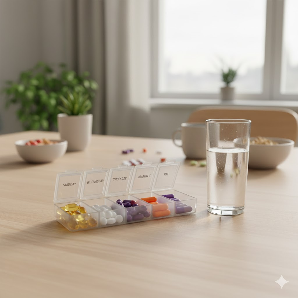 시간대별로 나누어 담긴 약통과 깔끔한 식탁 풍경