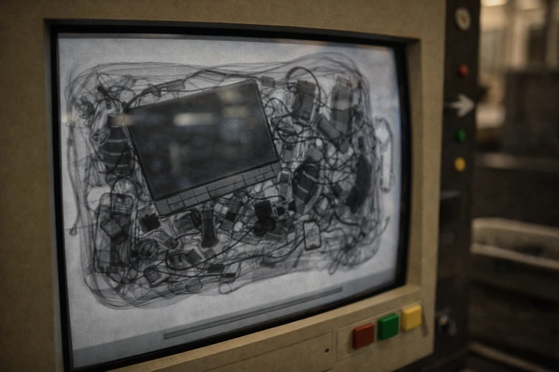 구형 2D X-ray 보안검색 모니터에 가득 찬 백팩 내부가 평면 흑백 이미지로 표시되고, 노트북과 케이블·배터리·액체류가 서로 겹쳐 복잡하게 보이는 공항 보안검색 장면