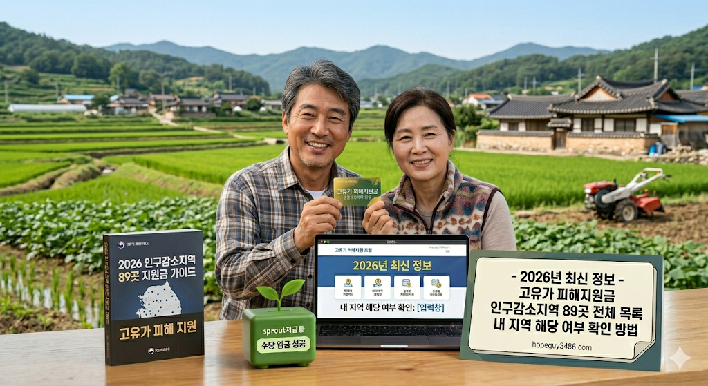 "2026년 인구감소지역 89곳 고유가 피해지원금 안내 이미지. 평화로운 농촌 마을을 배경으로 중장년 부부가 '고유가 피해지원금 지급 카드'를 들고 웃고 있음. 테이블 위에는 기름통 모양의 '연료비 절약 저금통'과 주유기 아이콘, 유가 분석 그래프가 놓여 있으며, 노트북 화면에는 '내 예상 환급액: 310,000원'과 89개 지역 확인 창이 띄워져 있음. 인구감소지역 거주민을 위한 수당 입금 성공 가이드를 담은 신뢰감 있는 포스팅 메인 이미지."