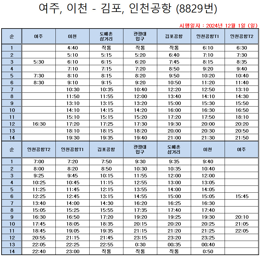 8829번 인천공항 버스 시간표