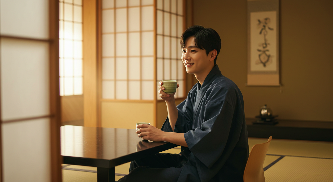 료칸에서 숙박하는 남자