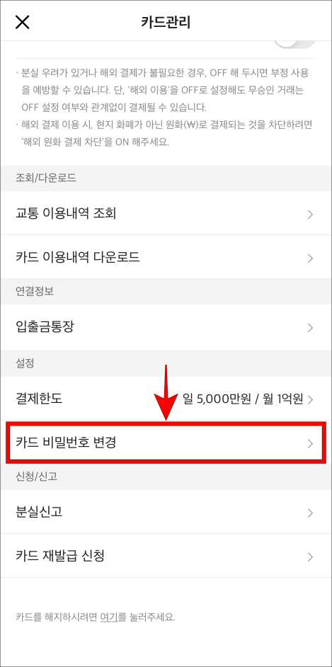 카드관리 메뉴 중 카드 비밀번호 변경을 선택