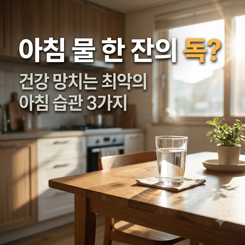 아침 햇살이 드는 주방 탁자 위 물 한 잔을 배경으로, 아침 건강 습관의 주의사항을 전달하는 대표 썸네일 이미지