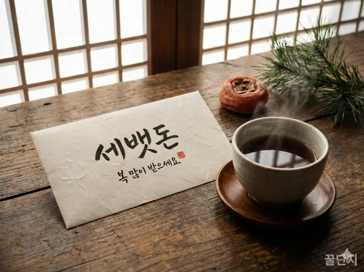 정성스럽게 준비한 세뱃돈 봉투와 전통 차가 놓인 예의 바른 설날 풍경