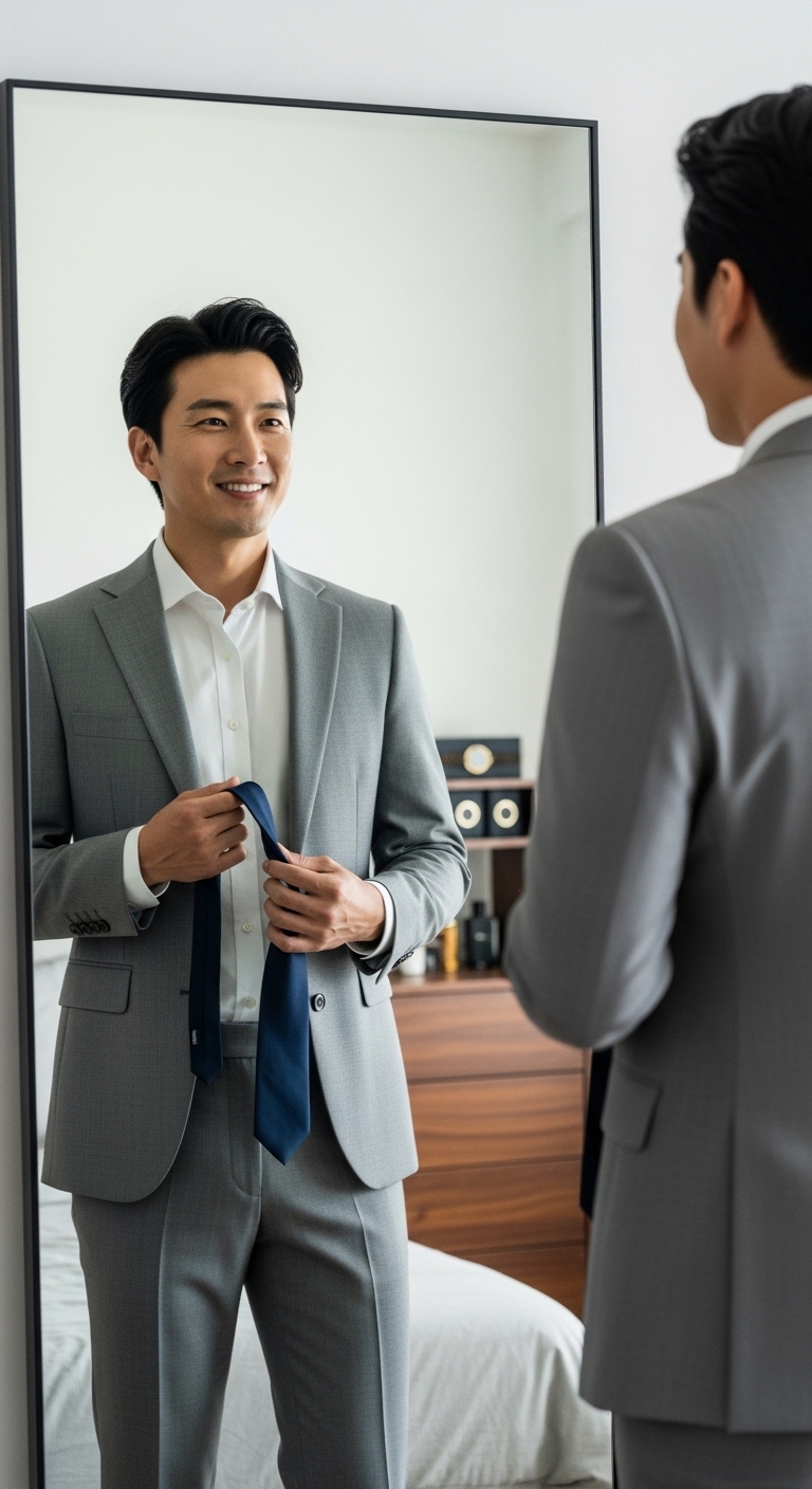 거울 앞에서 코디를 고민하며 웃고 있는 세련된 직장인 모습