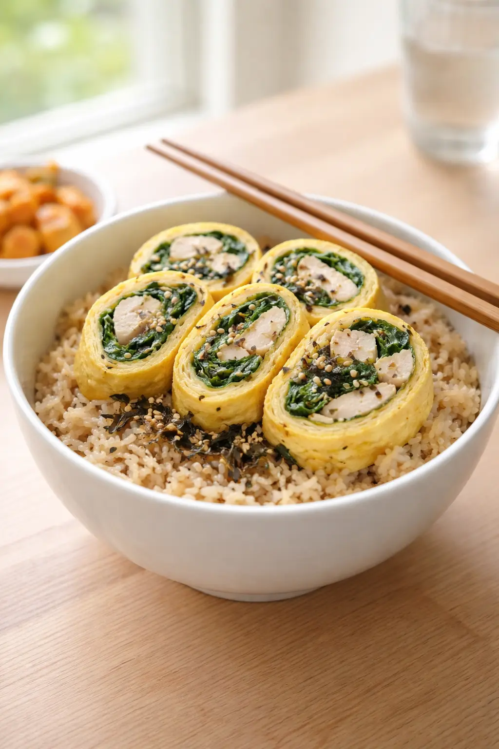 현미밥 위에 닭가슴살 채소 계란말이를 올린 덮밥 완성 모습