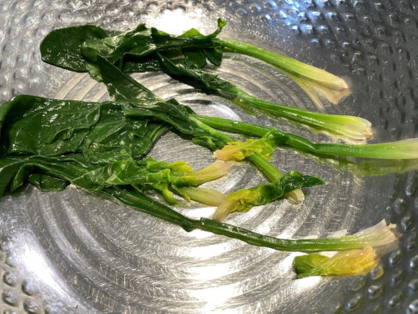 데친 시금치 줄기를 손으로 하나씩 떼기