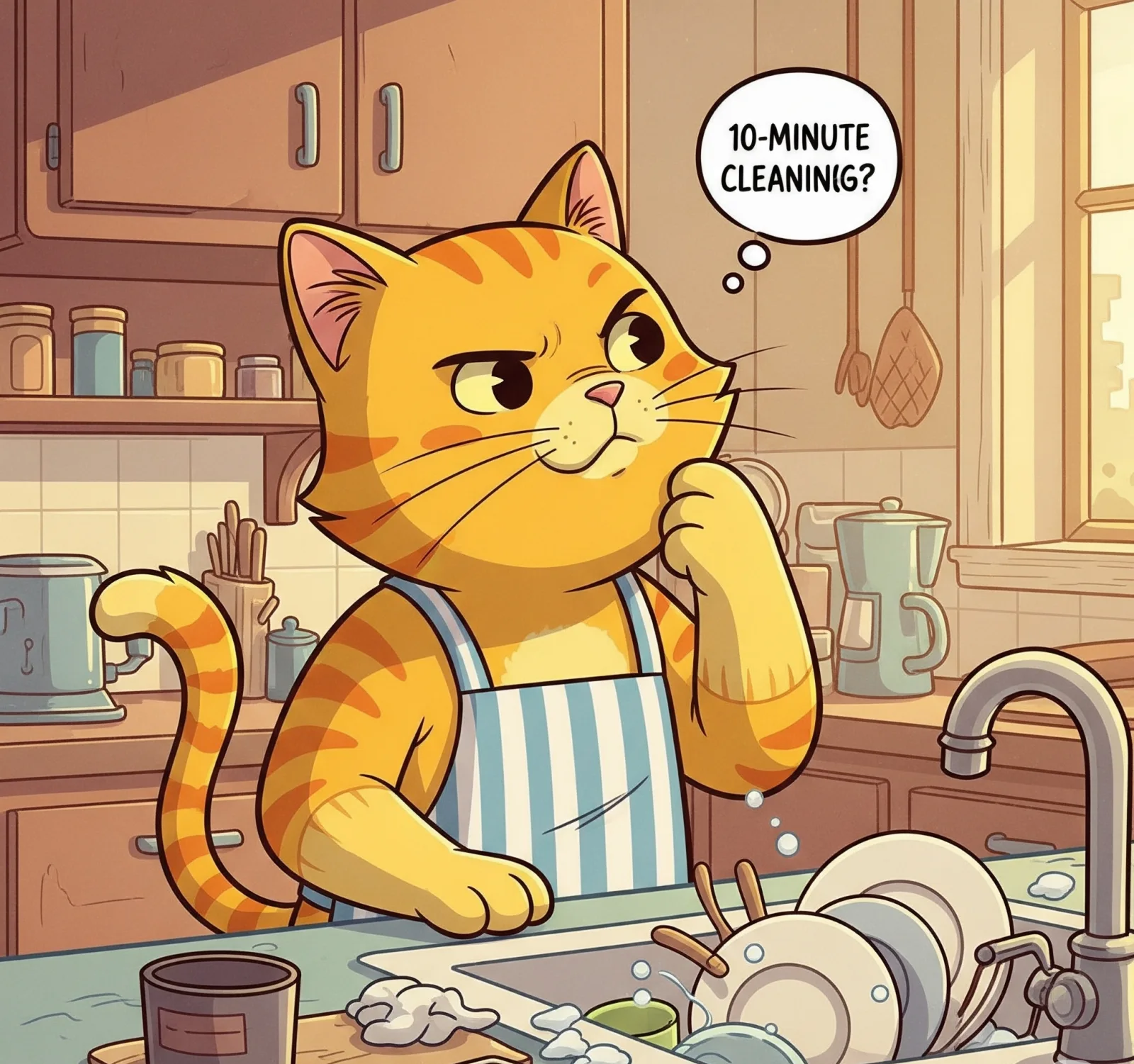 10분청소루틴 고민하는 고양이 그림, Picture of a cat pondering a 10 minute cleaning routine