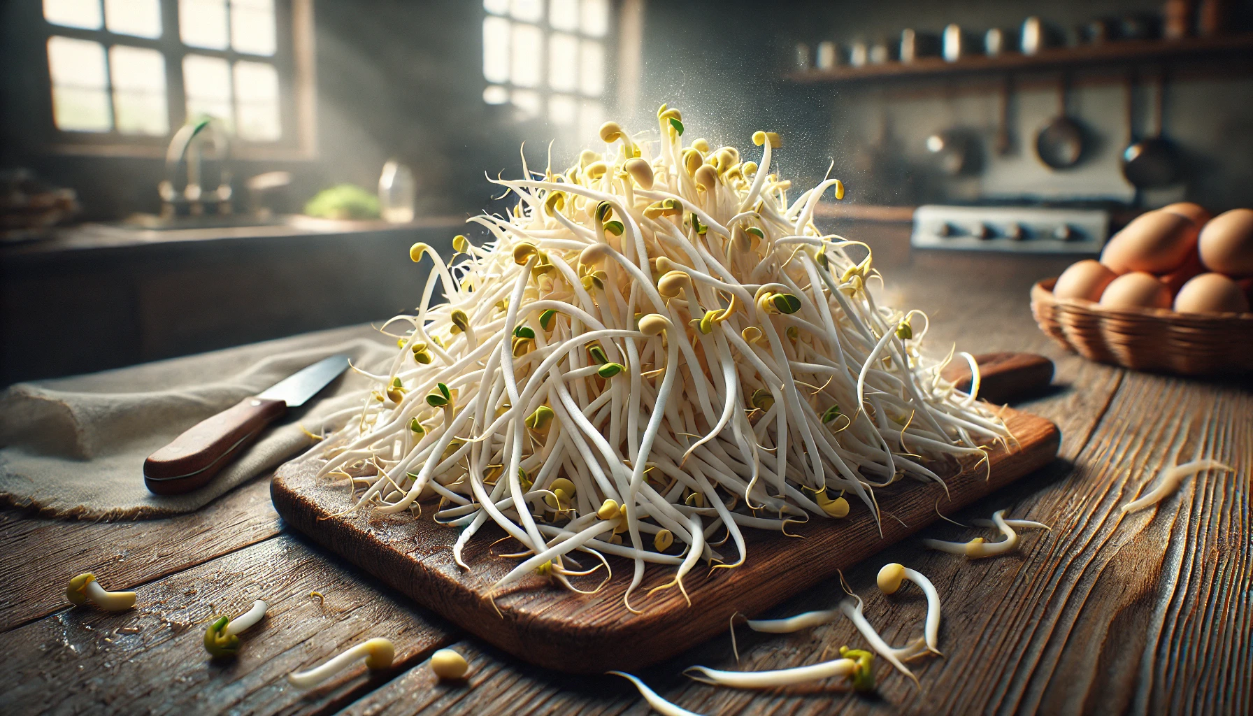 도마 위에 신선한 콩나물, 흰 줄기와 노란 콩나물 머리가 자연광 아래 촉촉하게 빛나며 자연스러운 주방 배경과 어우러진 모습