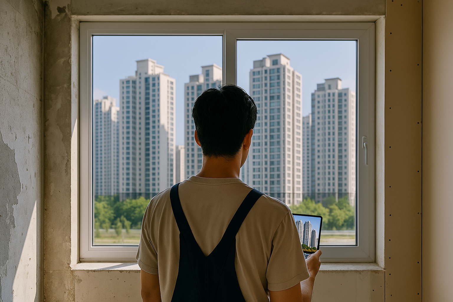 서면아이파크1단지와 유사한 아파트 단지를 창문 너머로 응시하며 미래를 상상하는 프리랜서 목수의 뒷모습, 프리랜서 대출 소득 증빙 이슈를 반영한 내 집 마련의 갈망을 담은 이미지.