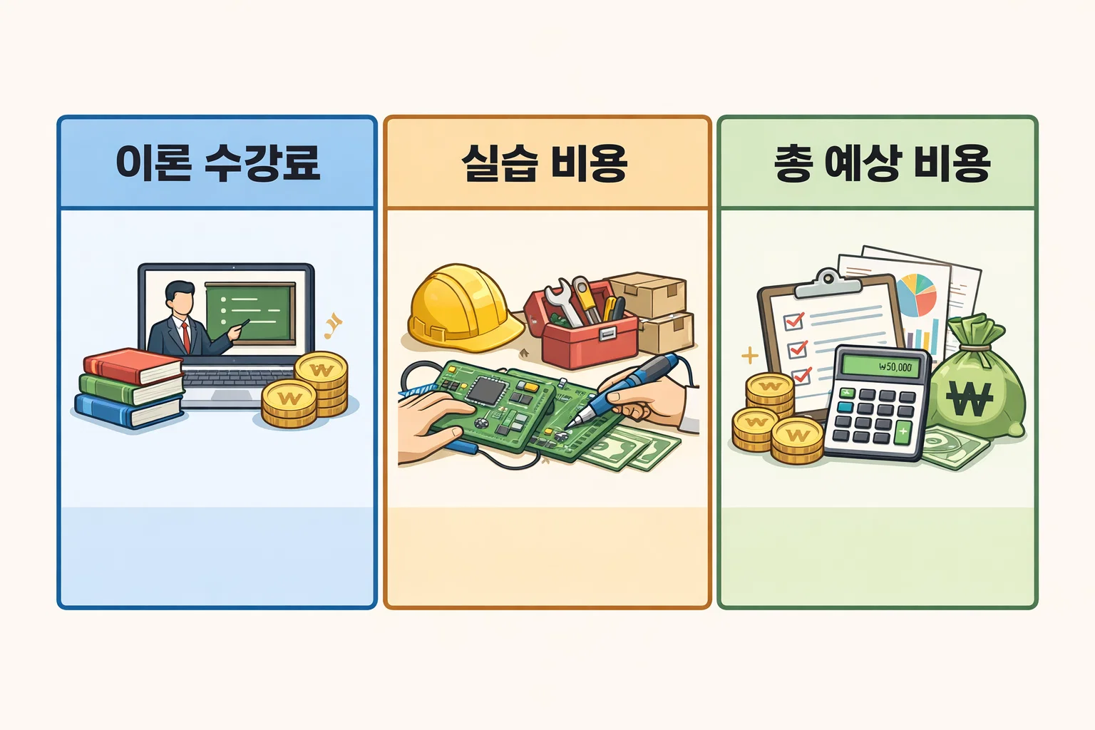 사회복지사 2급 자격증 취득방법 과정에서 발생하는 이론 수강료, 실습 비용, 총 예상 비용을 실제 계산 흐름으로 이해할 수 있게 구성한 이미지입니다